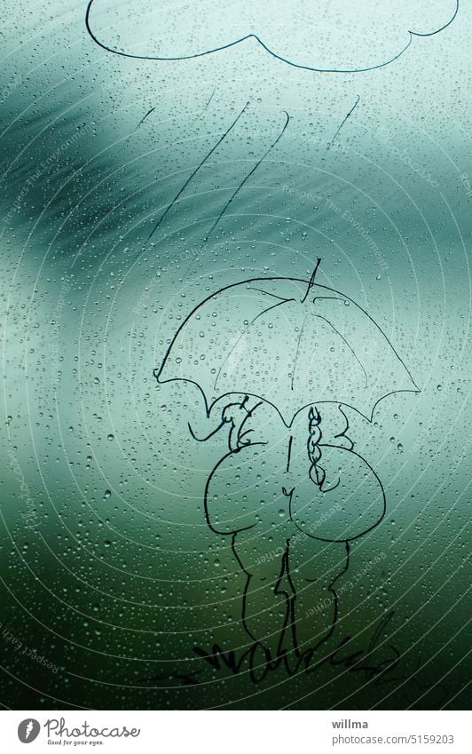 Nackedei im Regen Regenwetter Regenschirm Frau nackt Rückansicht Popo Schirm mollig drall vollschlank Regentropfen Baufolie PVC-Plane transparent Zeichnung