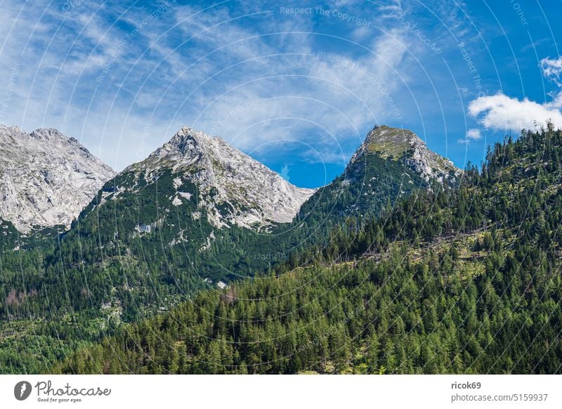 Landschaft im Klausbachtal im Berchtesgadener Land in Bayern Alpen Gebirge Berg Baum Wald Felsen Natur Sommer Wolken Himmel grün blau Urlaub Reise Tourismus