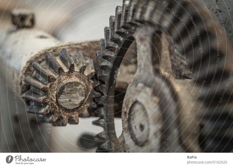 Kegelradgetriebe einer historischen Maschine. Getriebe Zahnrad gearing gearbox Mechanik Technik machine Struktur Verzahnung cogwheel gearwheel clockwork