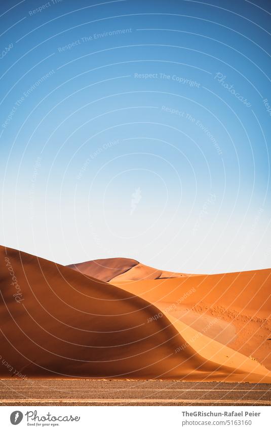 Düne vor blauem Himmel Sand Namibia Afrika reisen Wüste Landschaft Abenteuer Natur Wärme Sossusvlei Ferne Schatten Licht Blauer Himmel sandig