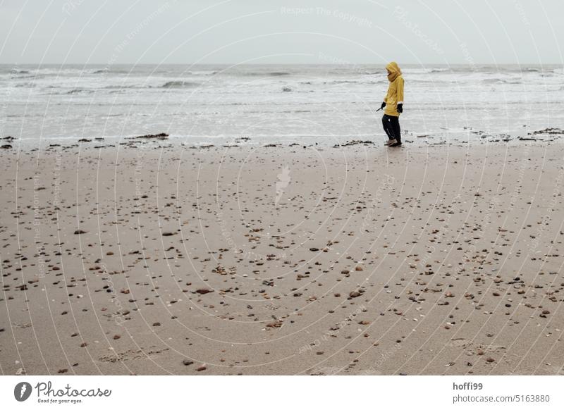 einsamer Spaziergänger im gelben Regenmantel bei schlechtem Wetter geht am Stand spazieren Dänemark Strandspaziergang Natur im Freien nass wasserdicht
