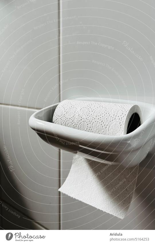 Toilettenpapierrolle in weißem Keramikhalter Klopapier Rollenhalter schwarz-weiß Badezimmer monocrome Hygiene Sauberkeit Haus drinnen Sanitär Papier WC