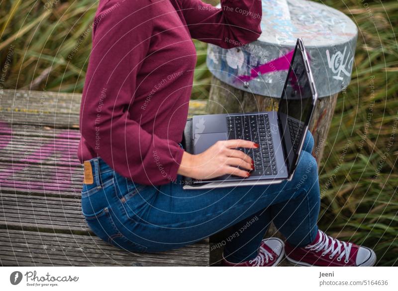 Am Laptop arbeiten in der Natur Frau sitzen draußen Steg Holzsteg Mensch PC Arbeit & Erwerbstätigkeit Freiheit Kreativität Computer online digital freiberuflich