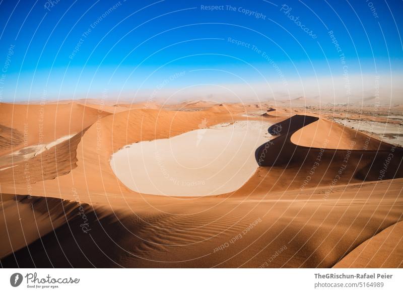 Sicht auf Dürre Fläche umgeben von Düne Sand Namibia Afrika reisen Wüste Landschaft Abenteuer Natur Wärme Sossusvlei Ferne Schatten Licht Blauer Himmel sandig