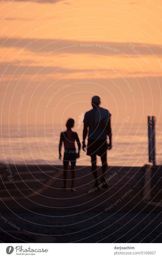 Ganz Frühmorgens  ist ein Kind mit Papa auf dem Weg zum Strand in Lennox  Head. Sonnenaufgang - Morgendämmerung Himmel Farbfoto Menschenleer ruhig
