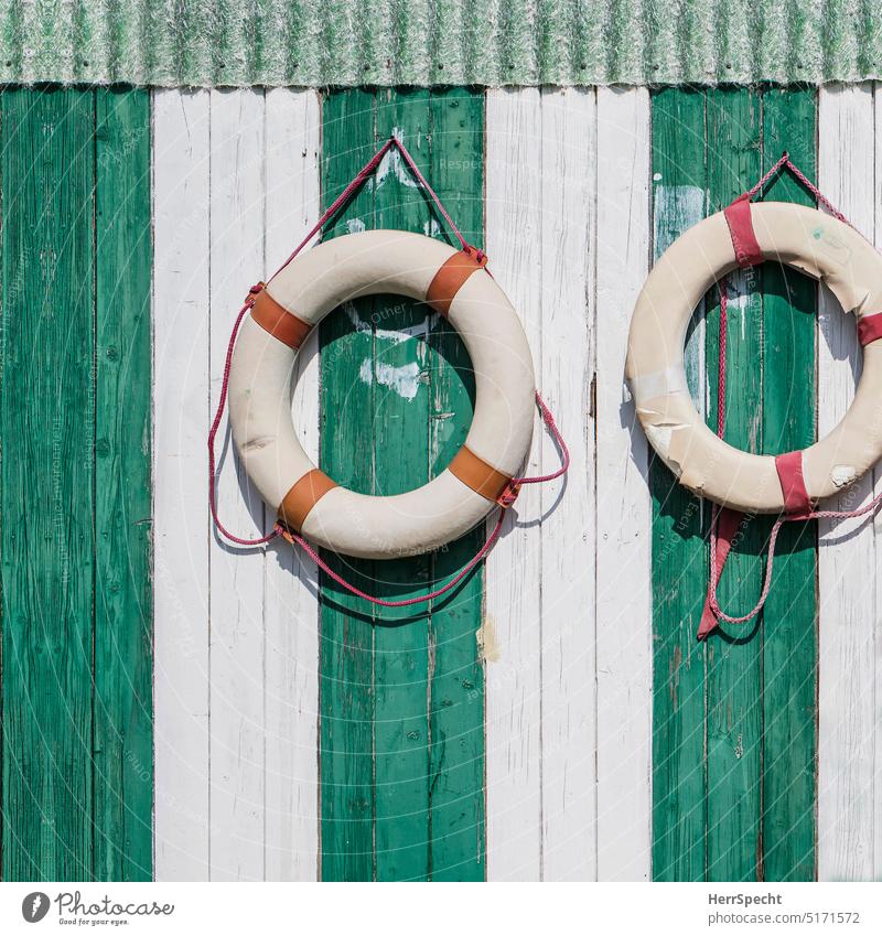 Zwei alte Rettungsringe an gestreifter Holzwand maritim Maritime Stimmung Sicherheit Badeurlaub Außenaufnahme Menschenleer Schifffahrt Meer Farbfoto