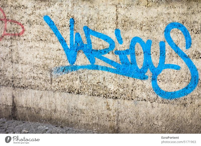 VARiOUS Graffiti Schriftzeichen Wort Straßenkunst Typographie Buchstaben various verschieden Verschiedenheit unterschiede Toleranz Akzeptanz Fassade Wand grau