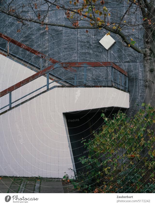 Treppe aus Beton mit Geländer aus Stahl an grauer Plattenfassade, gekrönt von quadratischer Wandlampe, kontrastiert mit Ästen Aufgang Aufstieg Fassade modern
