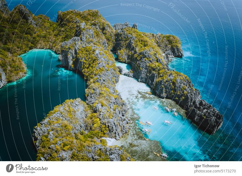Palawan, Philippinen Luftbild-Drohne natürliche Landschaft der türkisfarbenen Lagune und Kalksteinfelsen. El Nido Marine Reserve Park Tour A Antenne Inselhüpfen
