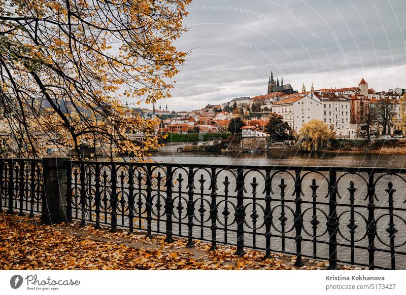 Schönes herbstliches Stadtbild von Prag mit der Moldau. St. Vita Kathedrale Architektur Karlsbrücke Großstadt Tschechien Europa berühmt Wahrzeichen Panorama