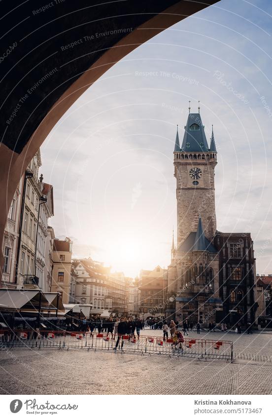 Prag, Tschechien - Februar 2023. Altes Rathausgebäude, Turmplatz bei Sonnenuntergang Architektur Architektur und Gebäude böhmen Kapital Kathedrale Zentrum