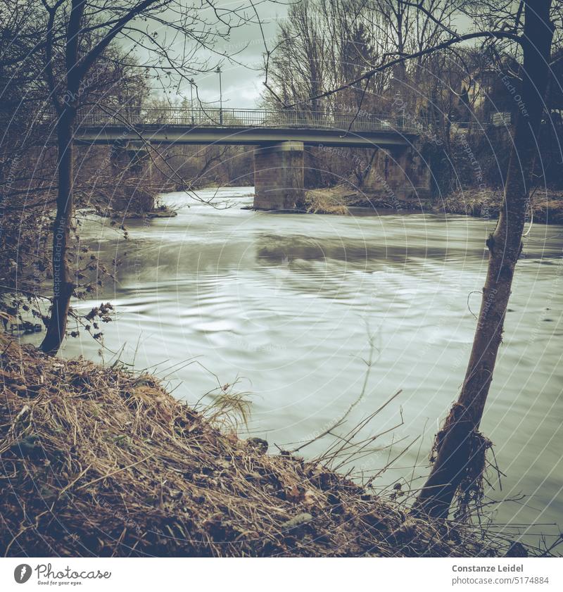 Fließendes Wasser in Langzeitbelichtung vor ein Brücke, mit Bäumen umrandet. Bach Bachufer fließend Natur Umwelt grün Fluss Flussufer herbstlich Baum