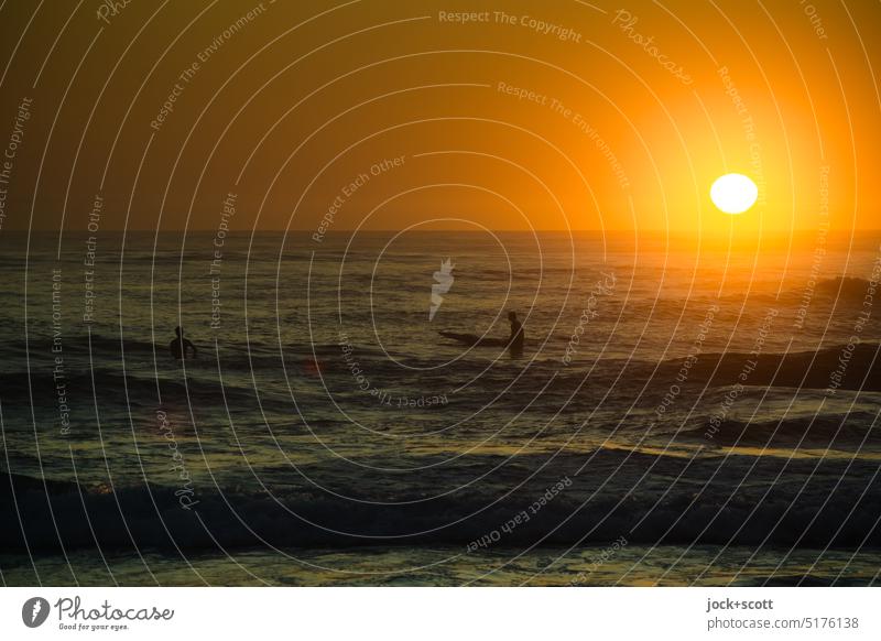 Auf dem Board mit den ersten Sonnenstrahlen Sonnenaufgang Morgen Morgendämmerung Sonnenlicht ruhig Surfer Silhouette Natur Gegenlicht Meer Pazifik Wärme
