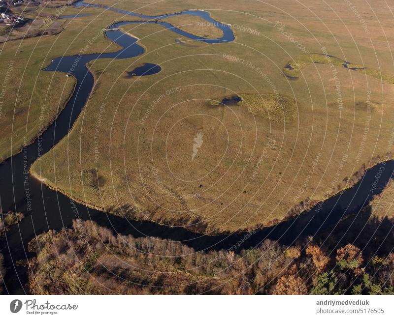 Luftaufnahme eines schönen gewundenen Flusses zwischen den Feldern, der malerisch fließt und unglaubliche Landschaften schafft. zwischen überfluteten Feldern und Sümpfen.