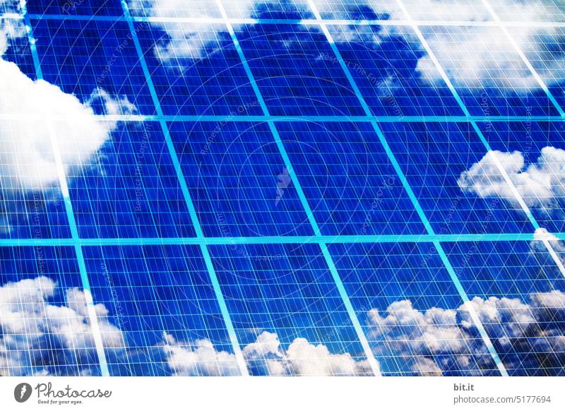 Bildstörung l Solarzellen mit Wolkenspiegelung. Bildstörung l Blaue Solarzelle mit Sonnenspiegelung. Nachhaltig Energie sparen mit Sonnenenergie, Solaranlage, Solarzellen. Solarmodul, Photovoltaikanlage, Solaranlage. Energiewende & Nutzung von Sonnenlicht.