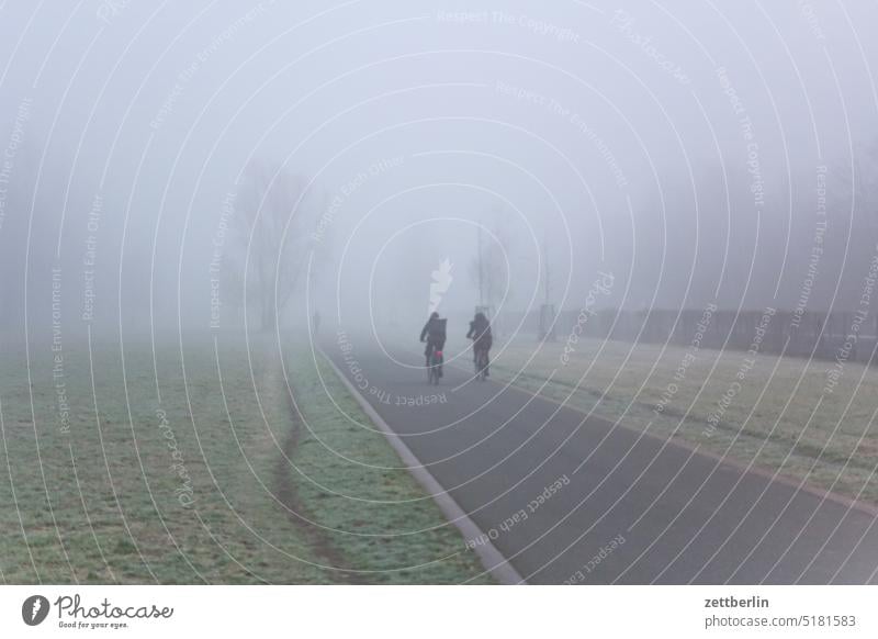 Fahrradweg im Nebel diesig dunst fahrradweg herbst morgen nebel neblig wetter winter radfahrer zwei paar duo zusammen gerade herbst baluschek-park berlin