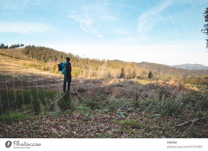 Ein Reisender mit einem blauen Rucksack auf dem Rücken wandert zu seinen unvergesslichen Erlebnissen in den Beskiden, Tschechische Republik. Morgensonne beleuchtet eine Lichtung