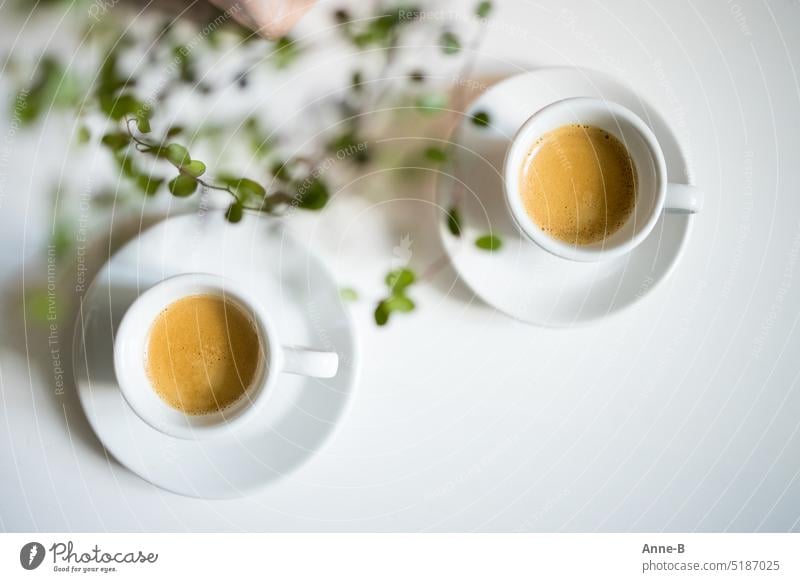 Espresso geht immer, zwei Espresso in dicken Porzellantassen auf einem weißen Tisch mit einer unscharfen Pflanzenranke  im Bild. espressi italienisch Makinetta