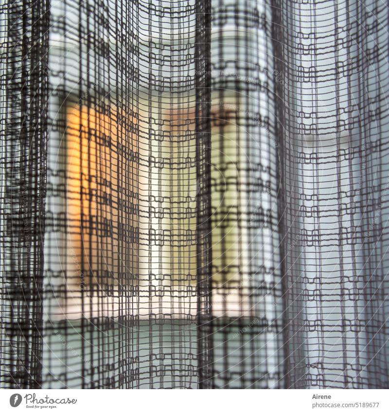 drüben ist mehr Licht Fenster Vorhang Ausblick erleuchtet bunt blickdicht Gardine geschlossen gegenüber Stoff Faltenwurf Sichtschutz hängen Textilien Lampe