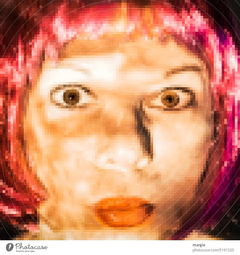 Smiley: Frau mit Emotionen feminin Erwachsene Porträt pixelkunst Mensch Gesicht Überraschung bunt Ausdruck Smiley-Gesicht Gefühle Schmollmund überascht Farbfoto