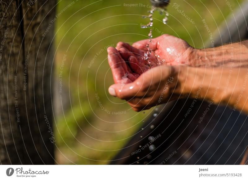 Erfrischend Wasser Wassertropfen Wasserstrahl Hände Arme Mann trinken waschen nass Erfrischung Tropfen kalt fließen kühl rein Klarheit Flüssigkeit Durst Natur