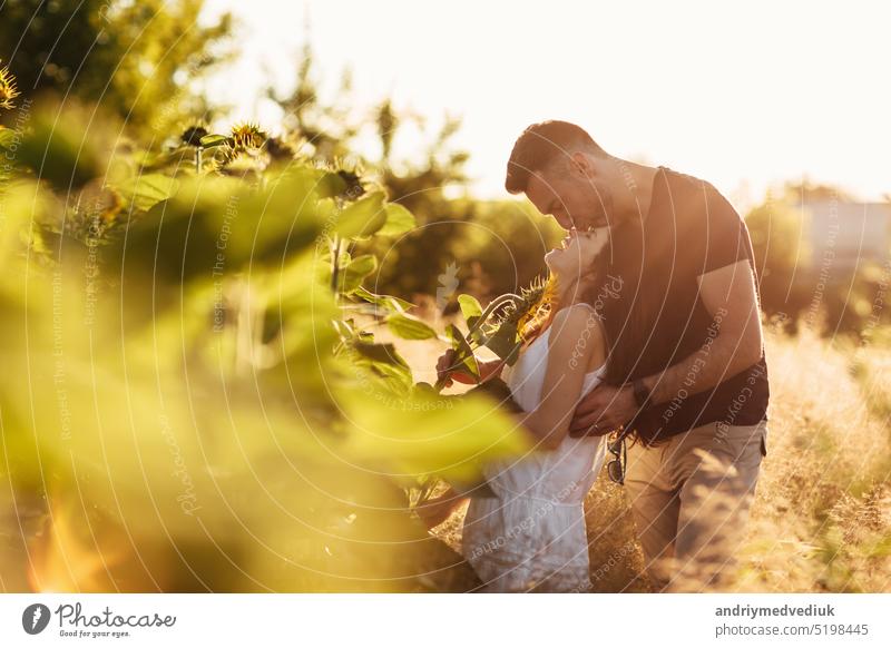 Schönes Paar küsst sich im Sonnenblumenfeld bei Sonnenuntergang. Ein Mann und eine Frau in der Liebe Spaziergang in einem Feld mit Sonnenblumen, ein Mann umarmt eine Frau. selektiven Fokus