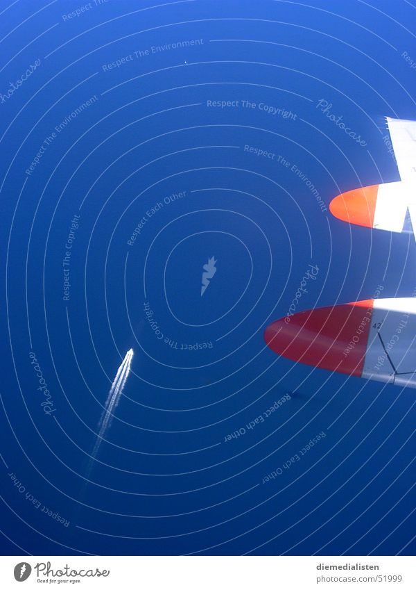 Blauer Höhenflug Flugzeug Meer azurblau Wasserfahrzeug Streifen Ferne Ferien & Urlaub & Reisen Flügel Schatten fliegen Sonne Freiheit Niveau Perspektive