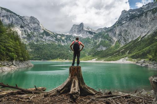 Reisender, der auf einem Baumstumpf steht und den Blick auf das Dachsteingebirge am Oberen Gosausee genießt. Gosau, Salzkammergut, Österreich, Europa Mann