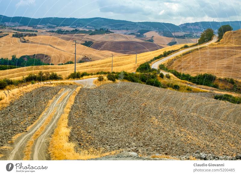 Landschaft im Val d Orcia bei Asciano crete senesi Europa Italien Siena Toskana UNESCO-Weltkulturerbe Ackerbau Farbe Tag Bauernhof Feld Hügel Haus Natur