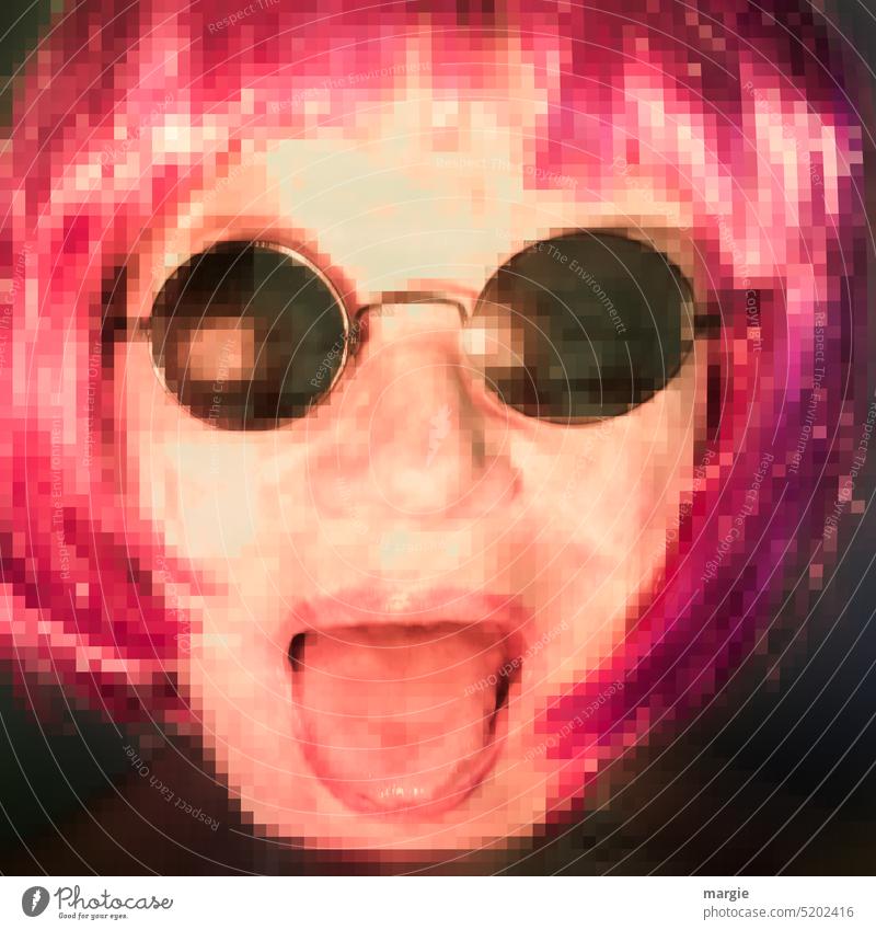 Smiley: Frau mit Sonnenbrille zeigt die Zunge Smiley-Gesicht Pixel pixelkunst rote Haare offener mund zunge zeigen Mund Menschliches Gesicht Portrait