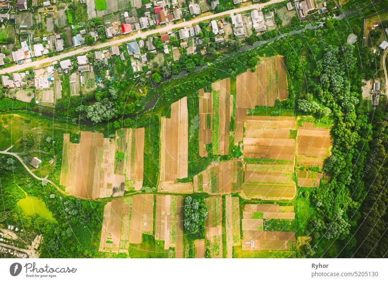 Luftaufnahme von Gemüsegärten in einer kleinen Stadt oder einem Dorf. Skyline im Sommer Abend. Village Garden Beds In Vogelperspektive Straße Gemüsegarten Haus