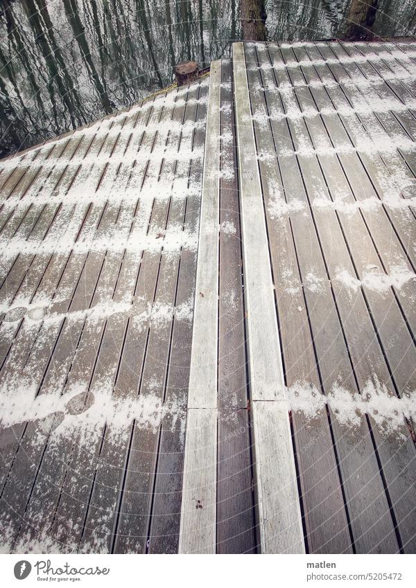 Frühling letzter Schnee See Terrasse Holzbohlen Wasser gefroren Außenaufnahme