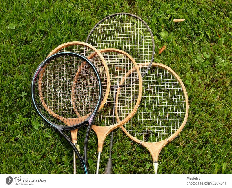 Schläger aus Holz und Kunststoff für Federball und Badminton auf grünem Rasen auf einem Bauernhof im Sommer in Rudersau bei Rottenbuch im Kreis Weilheim-Schongau im Pfaffenwinkel in Oberbayern