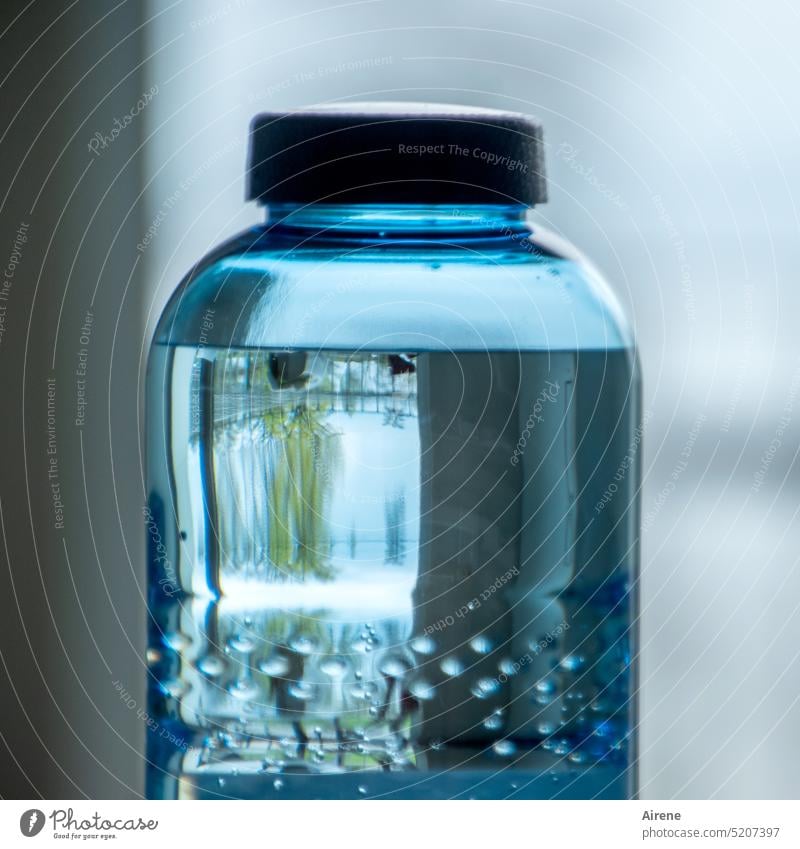 gegen die Wasserknappheit Trinkwasser Getränk frisch Glas Erfrischungsgetränk Flasche Glasflasche Wasserflasche kühl Durst Mineralwasser Spiegelung trinken