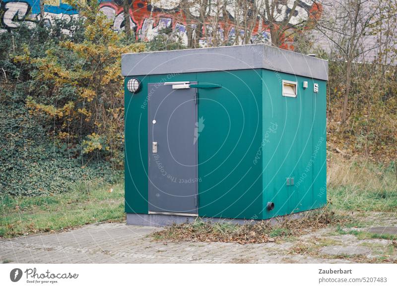 Kubisches Häuschen in türkisgrün steht vor Büschen und Betonwand kubisch klein quadratisch eckig kantig Toilette miniatur Tür Toilettenhaus Mauer öffentlich