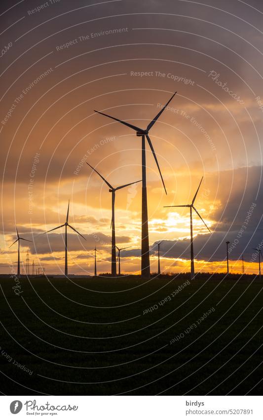 Windräder in der Abenddämmerung im Gegenlicht windräder windpark Ökostrom Erneuerbare Energie Energiewirtschaft Windkraftanlage Windenergie regenerative energie