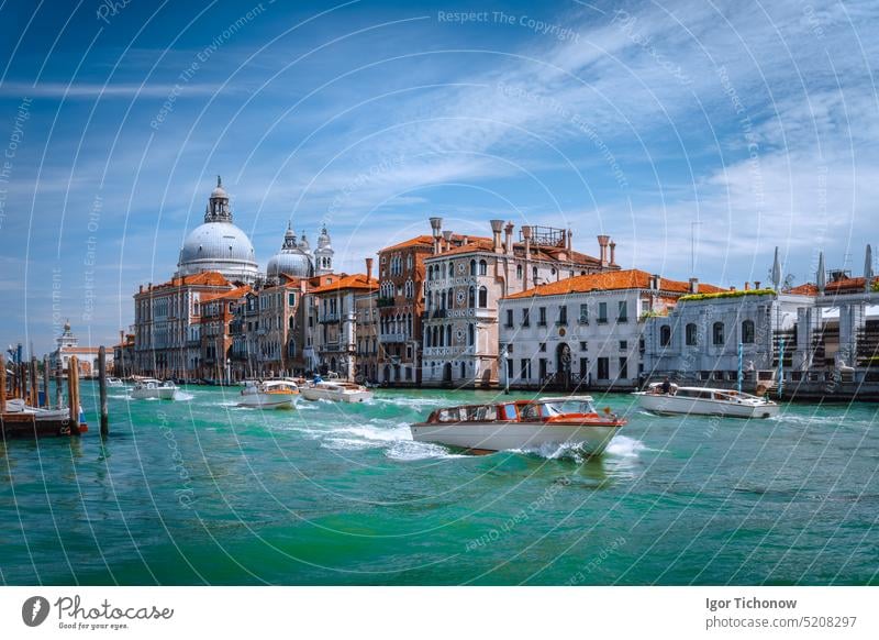 Vergnügungsboote auf dem Canal Grande und die Basilika Santa Maria della Salute, Venedig, Italien sonnig Kathedrale venezia Boot Rialto Europa reisen