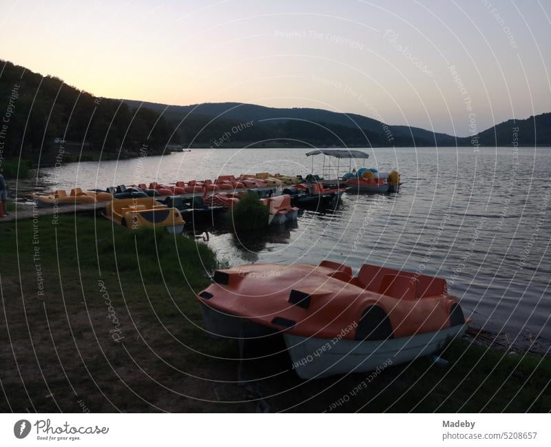 Alte Tretboote aus Kunststoff in Gelb und Orange am Ufer und am Bootssteg im Sommer im Licht der untergehenden Sonne am Poyrazlar Gölü bei Adapazari in der Provinz Sakarya in der Türkei