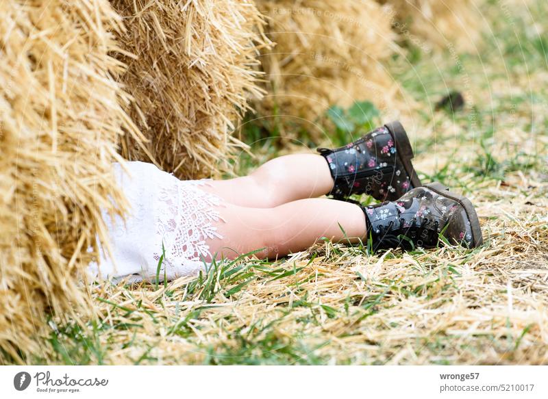 Auf der Suche nach der Nadel im Heuhaufen Thementag Stroh Strohballen Herbst Kind Mädchen Füße Beine Erdboden Suchaktion verstecken Versteckspiel Sprichwort
