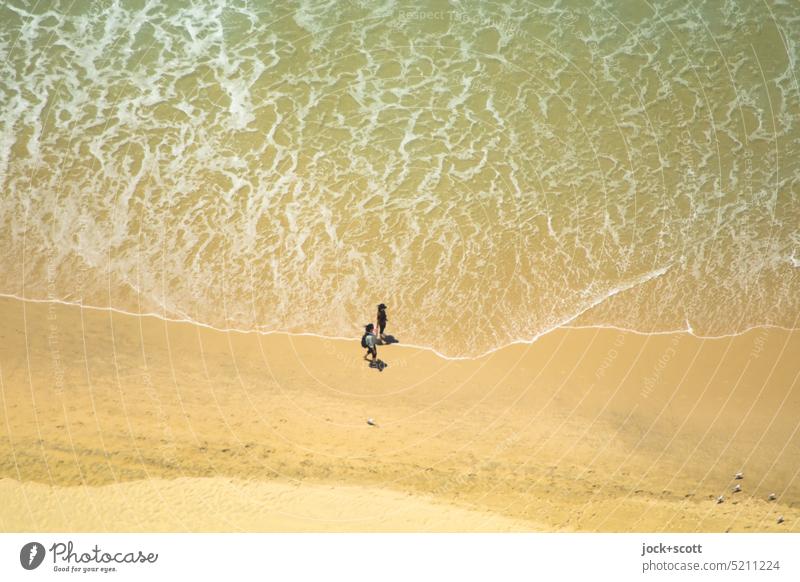 Spaziergang am Meer aus der Vogelschau Paar Zusammensein Mensch paarweise Strand Brandung Pazifik Vogelperspektive Hintergrundbild Pazifikstrand Klima