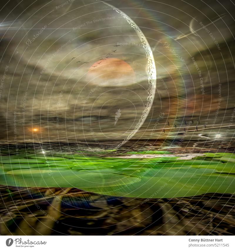 Photoshop Spielerei, Eine Hauswurz als Plattform für eine andere Welt grün Vögel fliegen abstrakt Mond Planet Saturn rote sonne abstrakte Landschaft