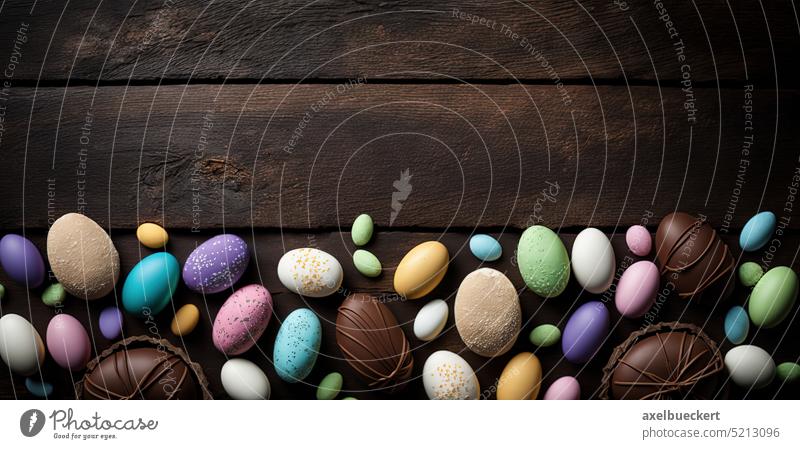 Ostereier und Schokolade Süßigkeiten auf dunklem Holz Hintergrund Banner oder Header mit Kopie Raum. Generative AI. Ostern dunkel Transparente Textfreiraum