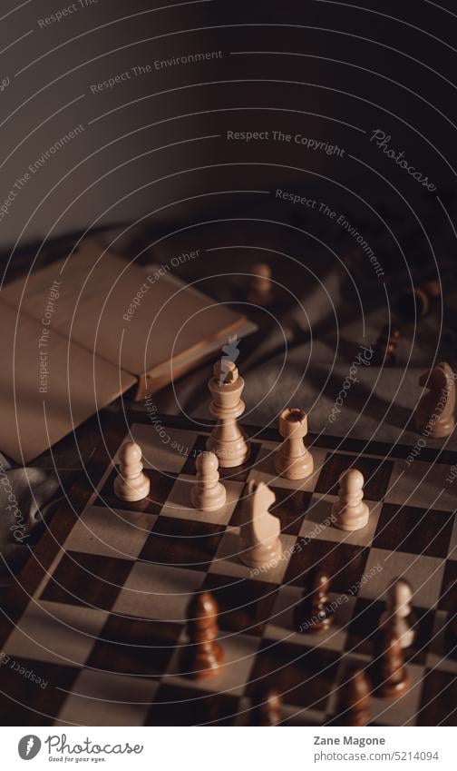 Launisches Schachspiel mit Buch, dunkle Akademie, Kopierraum Stimmung Schach Hintergrund Schachbrett dunkle akademische Welt Vor dunklem Hintergrund dunkelbraun