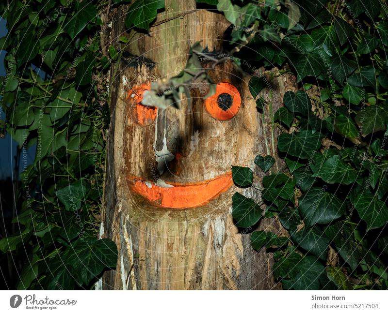 Baumstamm mit geschnitztem Gesicht Waldgeist lachen gruselig Blätter Anthropomorphismus Alptraum Schrecken unheimlich spukhaft geheimnisvoll mystisch
