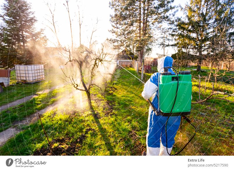 Rückenansicht eines Gärtners im Schutzanzug, der Obstbäume mit einer langen Spritze im Obstgarten besprüht Aerosol landwirtschaftlich Ackerbau