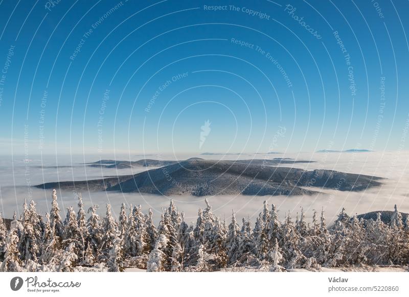 Die Berghänge der Beskiden in der Tschechischen Republik versinken in einer dicken weißen Inversion, die von den Städten aufsteigt. Wintermärchenhafte Landschaft in Mitteleuropa