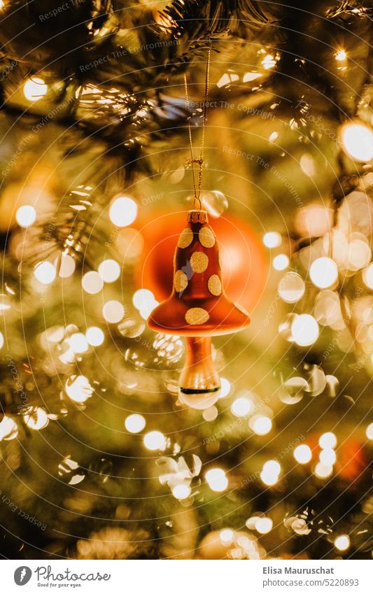 Fliegenpilz hängt an geschmückten Weihnachtsbaum Weihnachten & Advent Weihnachtsdekoration Weihnachtsbeleuchtung Dekoration & Verzierung Feste & Feiern festlich