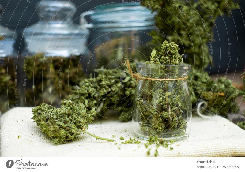 Die Marihuana-Knospen in einem Klarglasgefäß Unkraut Cannabis Hintergrund schön schwarz stumpf Flasche Blütenknospen Blume Zigarette dunkel Dope Medikament