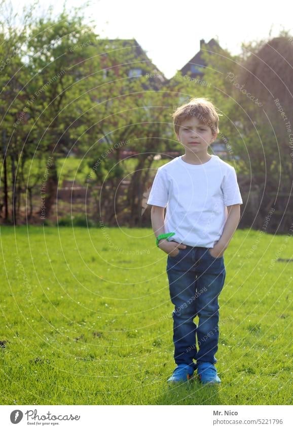 im Garten Hand-in-Tasche Junge selbstbewußt stehen Körperhaltung hand in der tasche lässig Coolness Porträt Mode trendy Blick in die Kamera Jeanshose