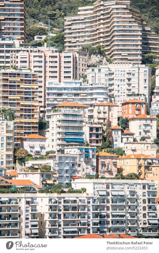 Detailaufnahme von Gebäuden in Monaco Häuser Skyline Architektur Stadt Bauwerk Hochhäuser wohnungen Wohnblock Stadtzentrum Fassade